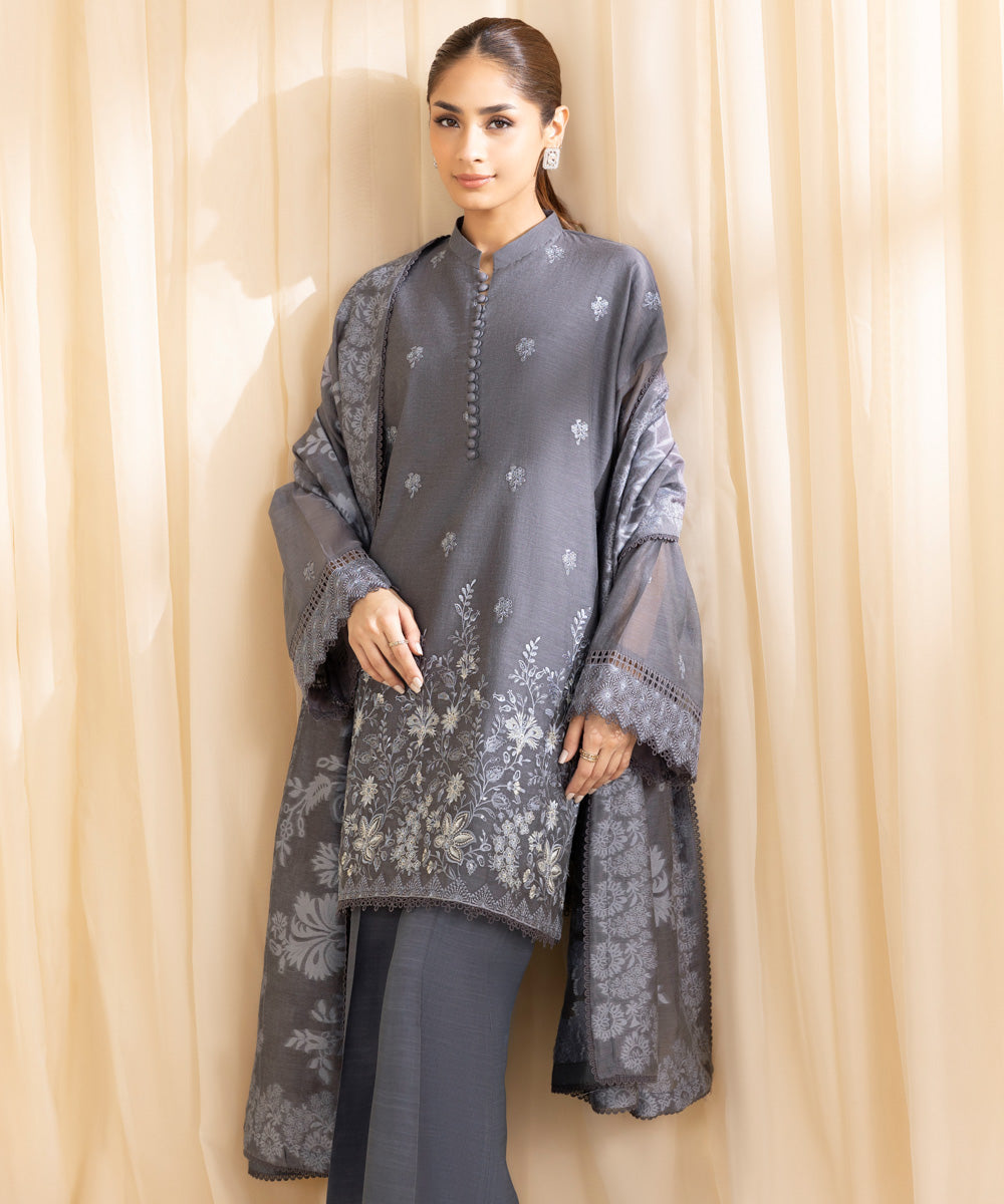 Women's Unstitched Blended Muslin Grey 3 Piece Suit