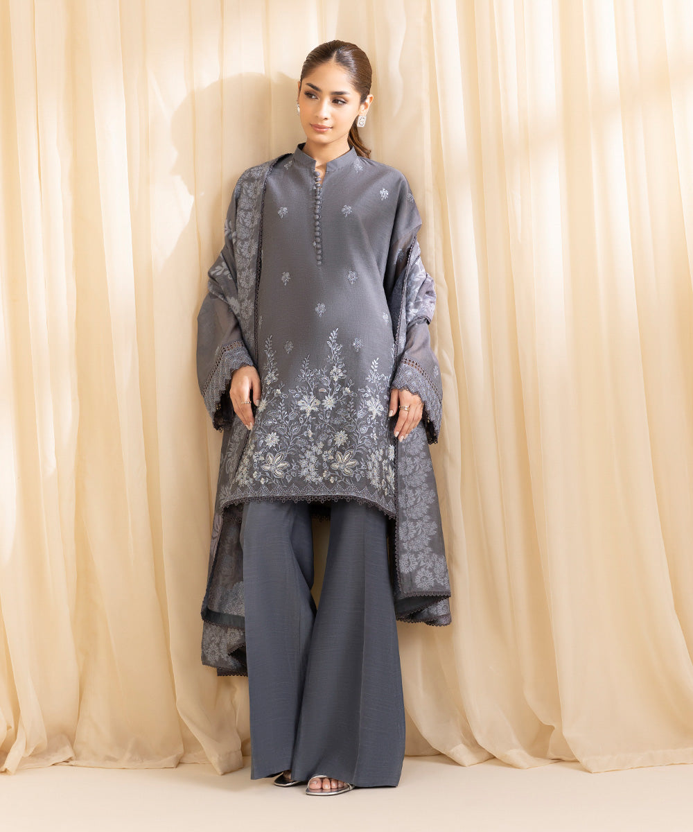 Women's Unstitched Blended Muslin Grey 3 Piece Suit