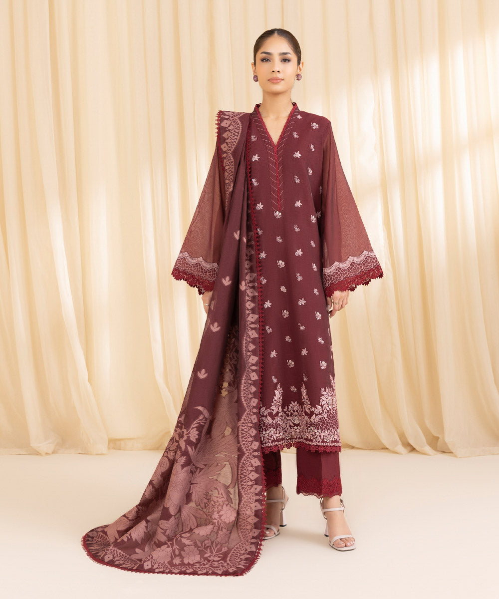 Women's Unstitched Blended Muslin Red 3 Piece Suit