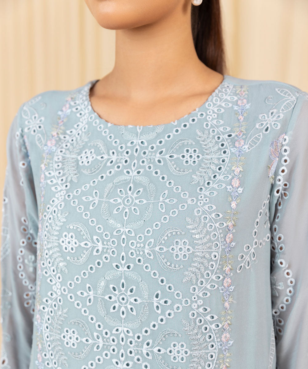 Women's Unstitched Embroidered Georgette Chiffon Blue 3 Piece Suit