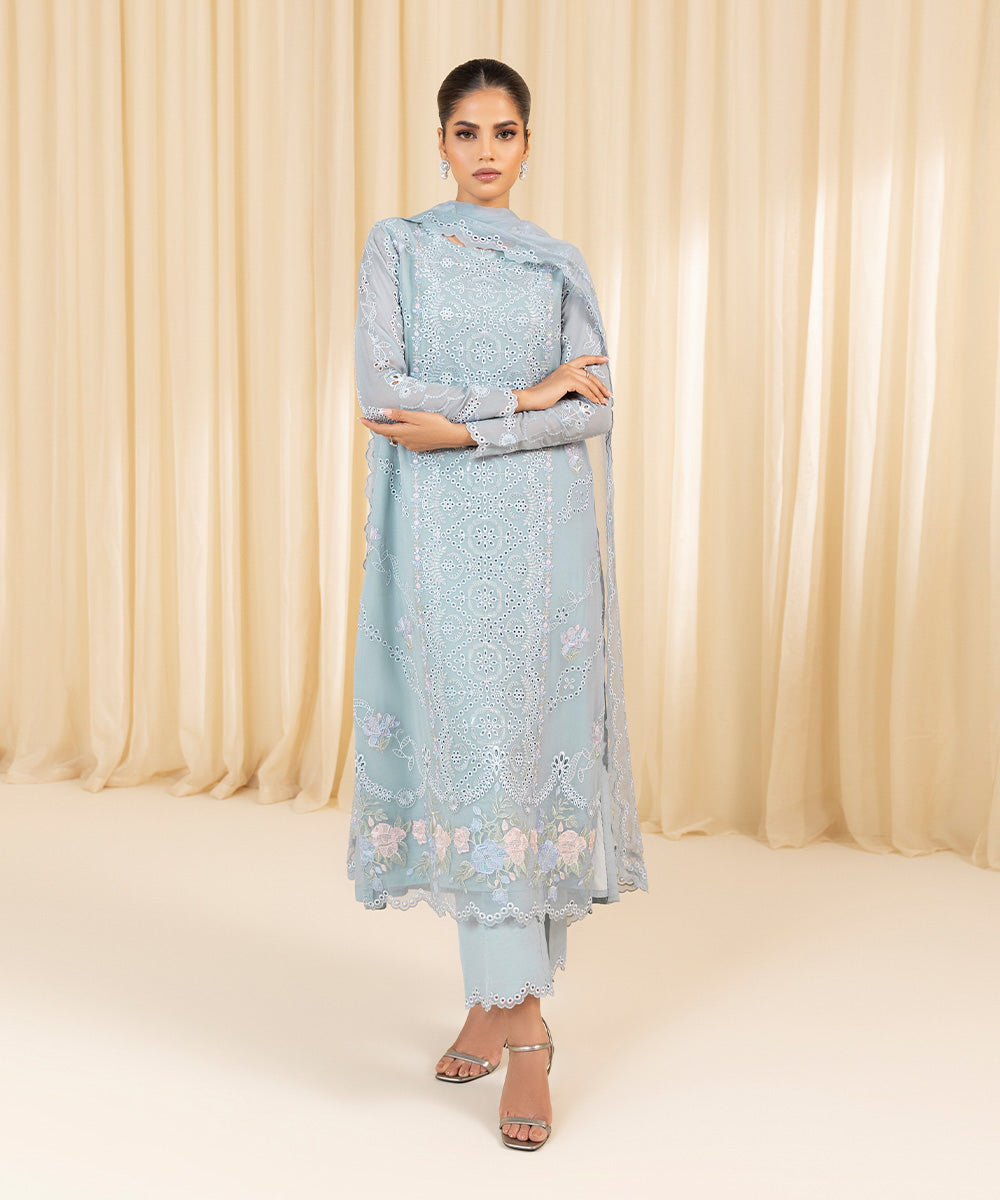 Women's Unstitched Embroidered Georgette Chiffon Blue 3 Piece Suit