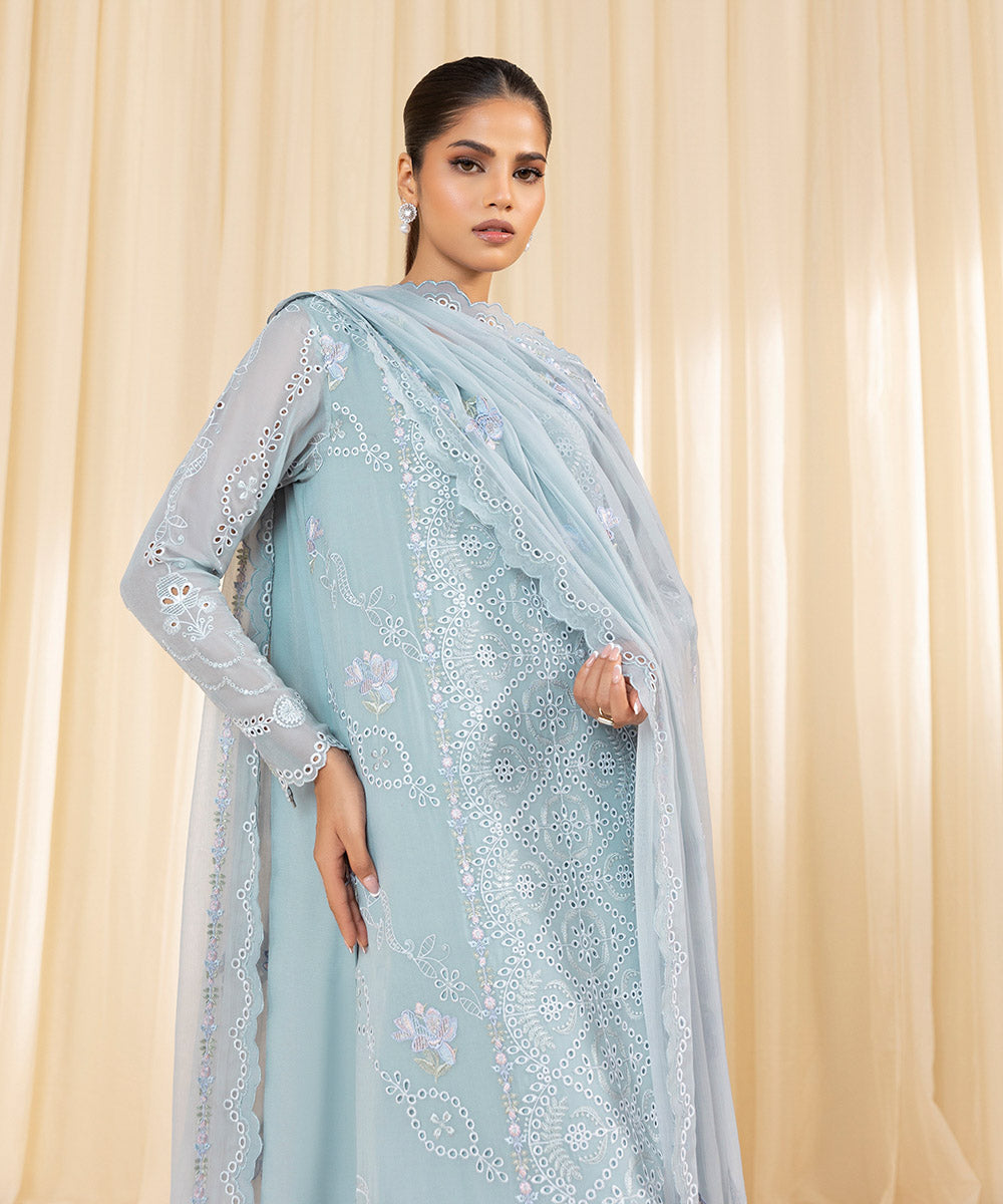 Women's Unstitched Embroidered Georgette Chiffon Blue 3 Piece Suit