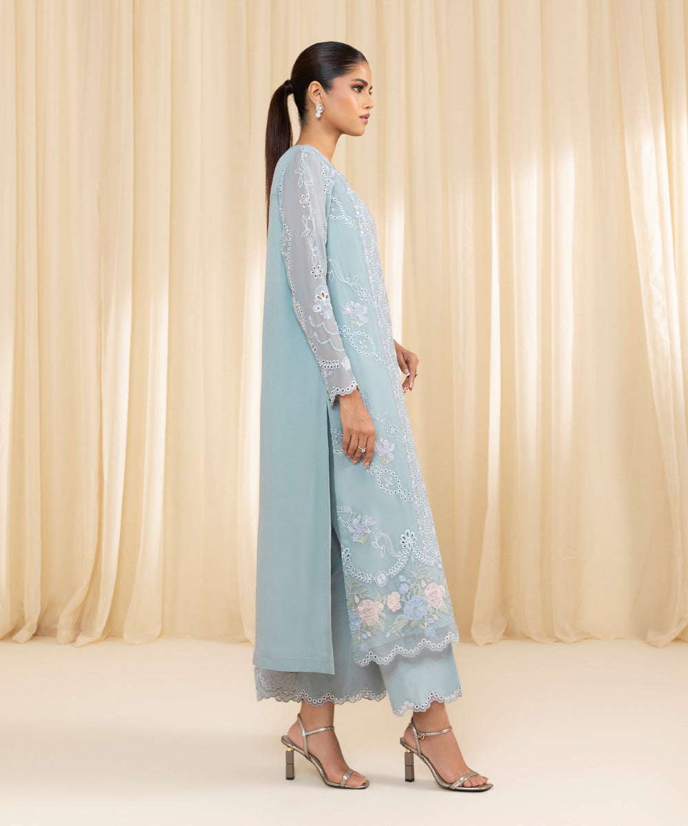 Women's Unstitched Embroidered Georgette Chiffon Blue 3 Piece Suit