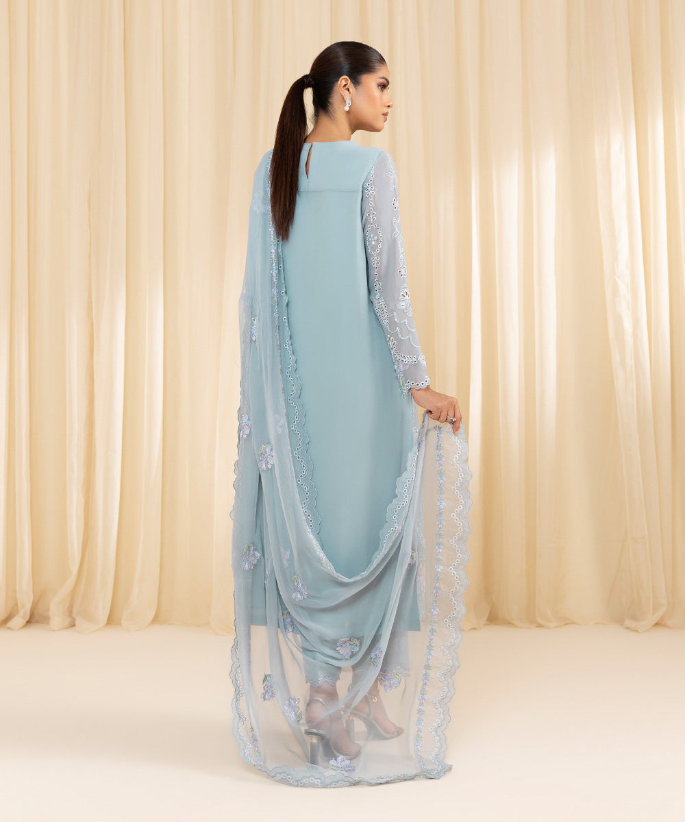 Women's Unstitched Embroidered Georgette Chiffon Blue 3 Piece Suit