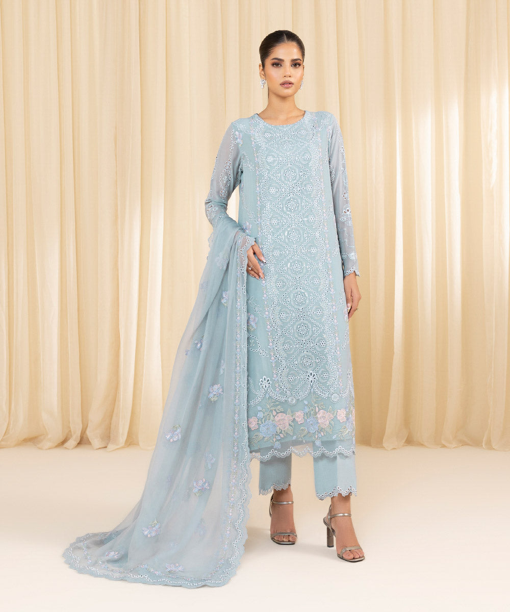 Women's Unstitched Embroidered Georgette Chiffon Blue 3 Piece Suit