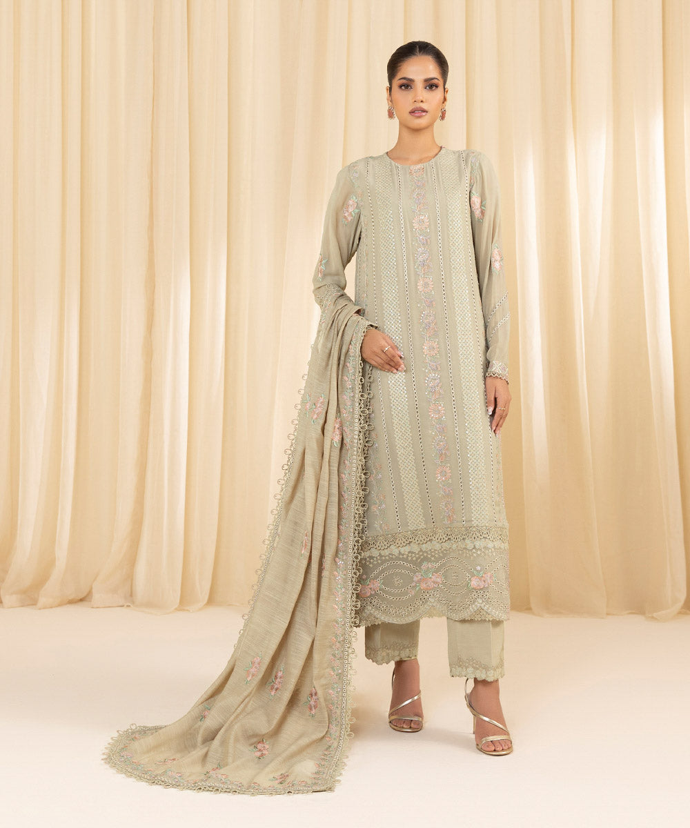 Women's Unstitched Embroidered Georgette Chiffon Beige 3 Piece Suit