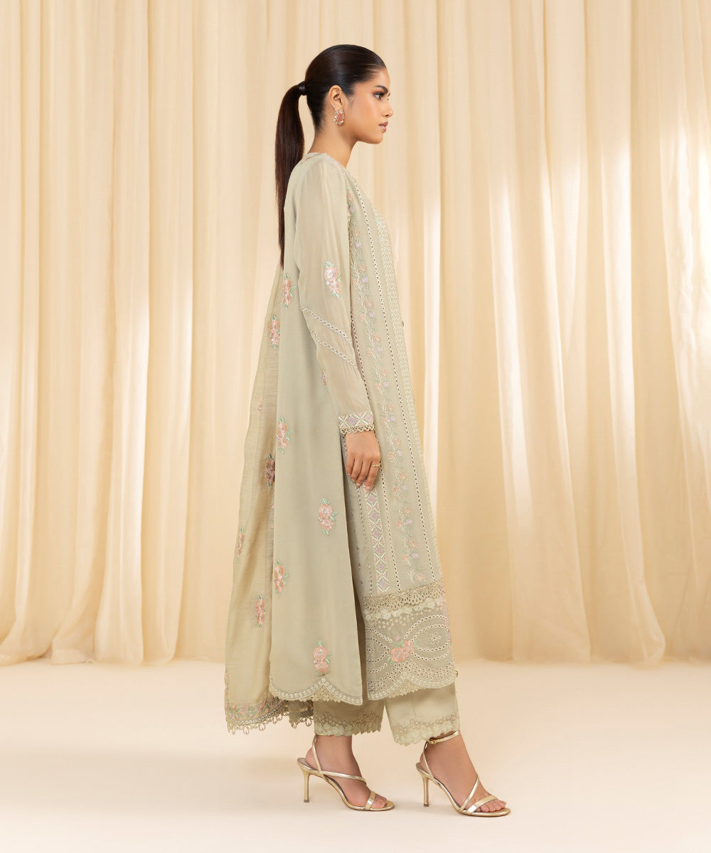 Women's Unstitched Embroidered Georgette Chiffon Beige 3 Piece Suit