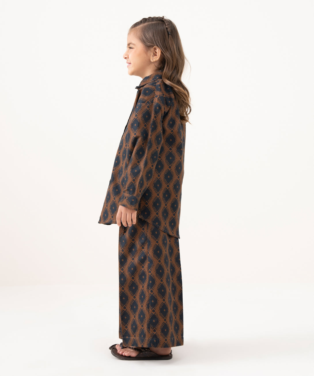 Girl's Light Khaddar Printed Brown 2 Piece Suit