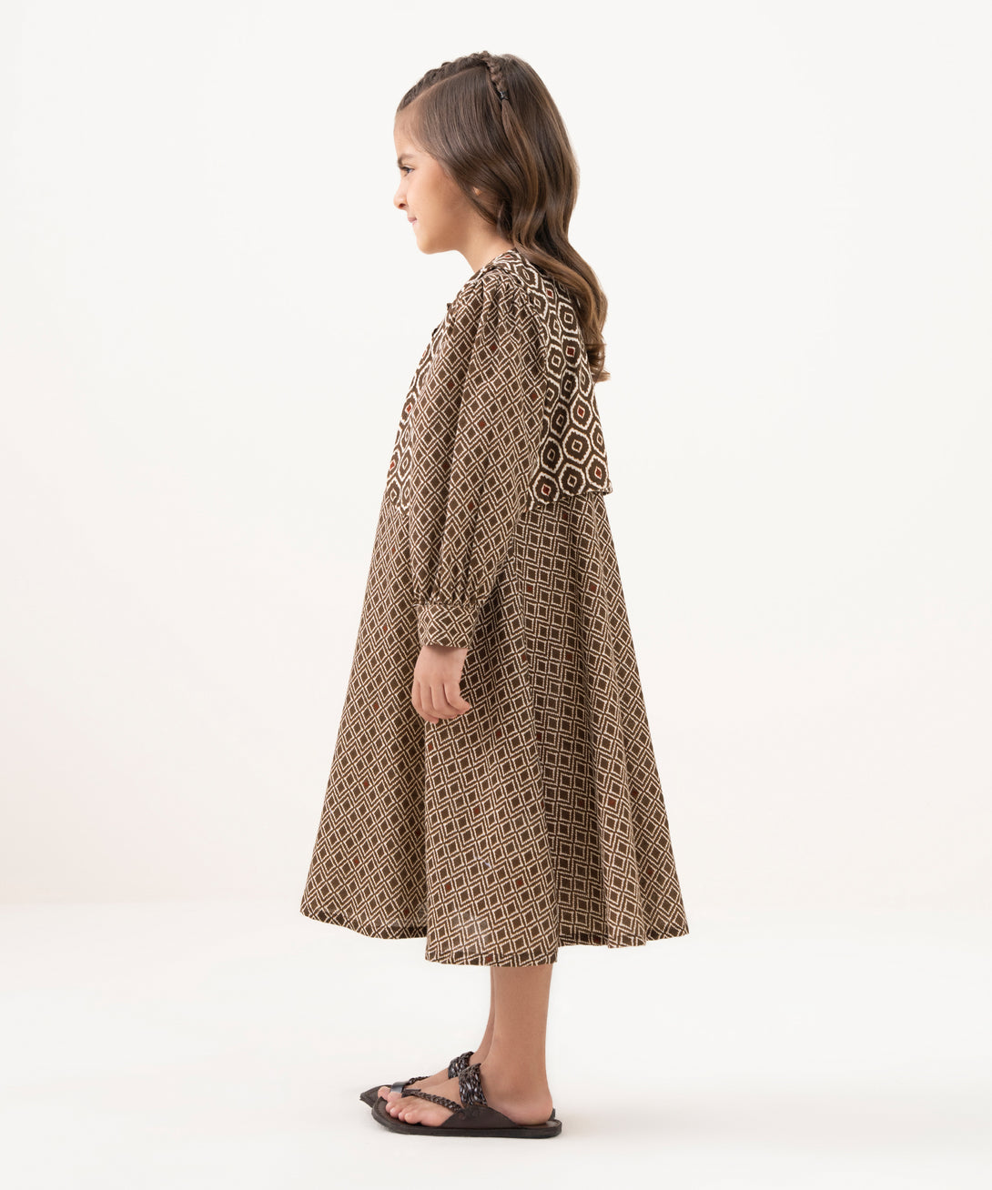 Girl's Light Khaddar Printed Brown A-Line Shirt