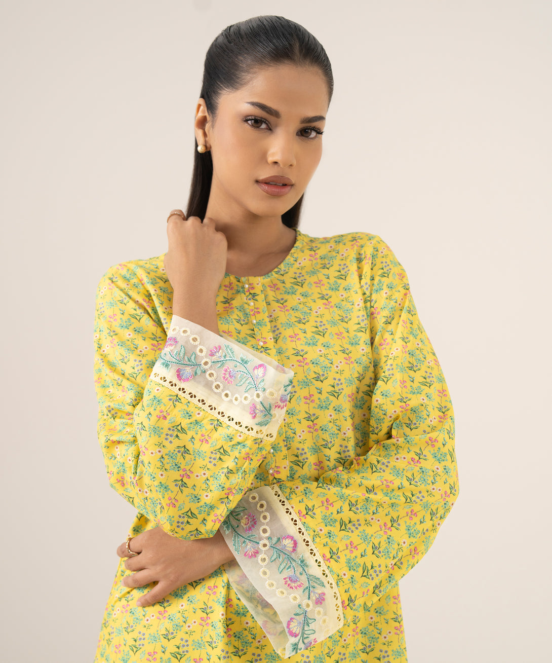 Women's RTW Arabic Lawn Yellow Printed A-Line Shirt