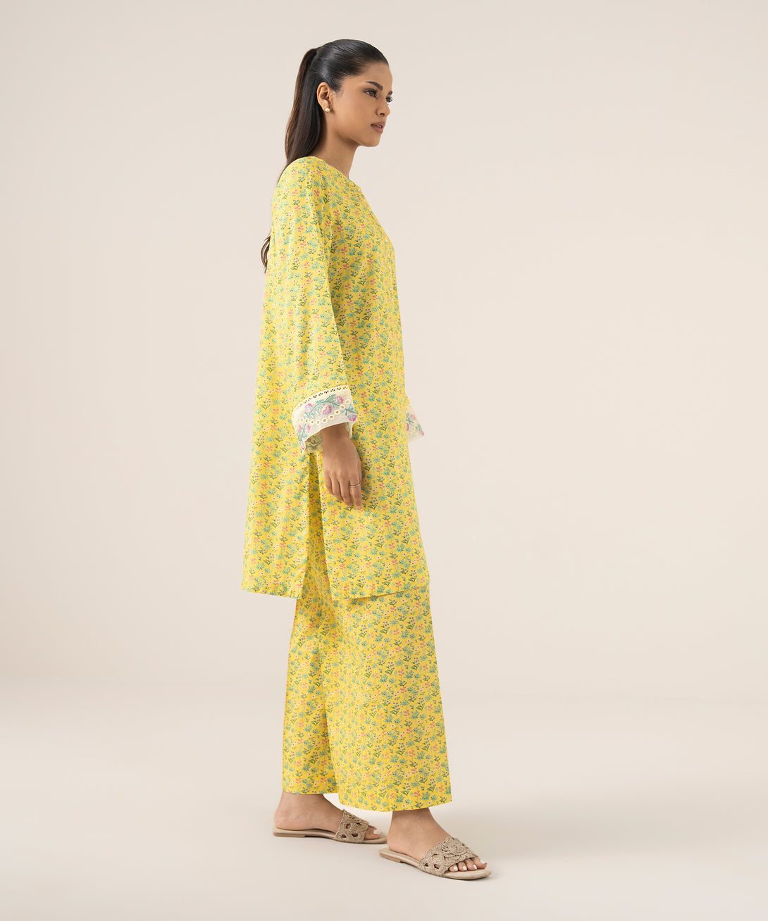 Women's RTW Arabic Lawn Yellow Printed A-Line Shirt