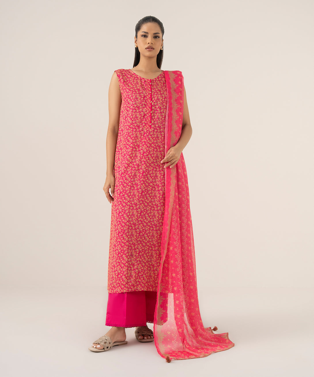 Women's RTW Arabic Lawn Pink Printed A-Line Shirt