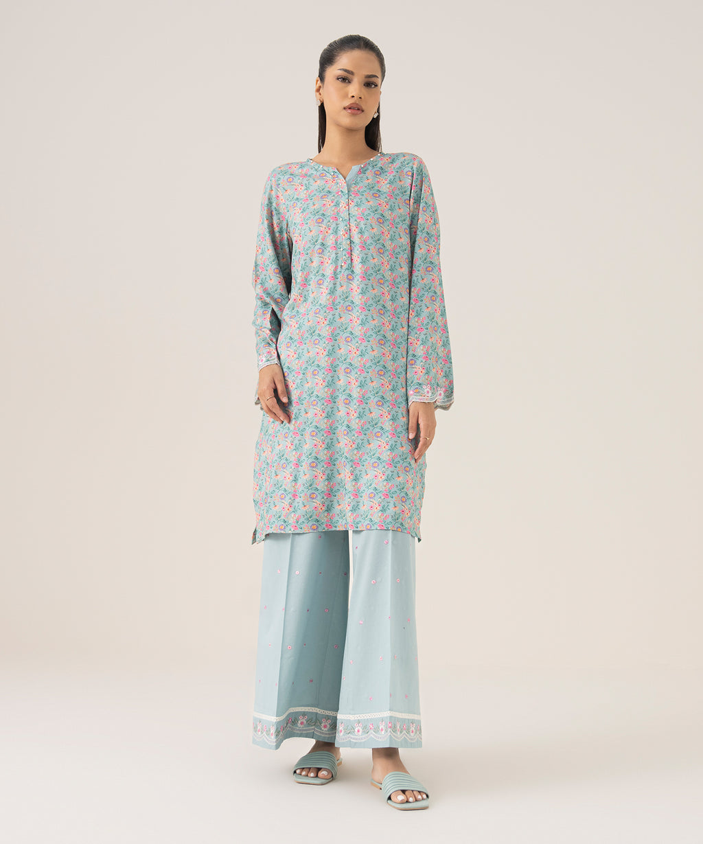Women's RTW Arabic Lawn Blue Printed A-Line Shirt