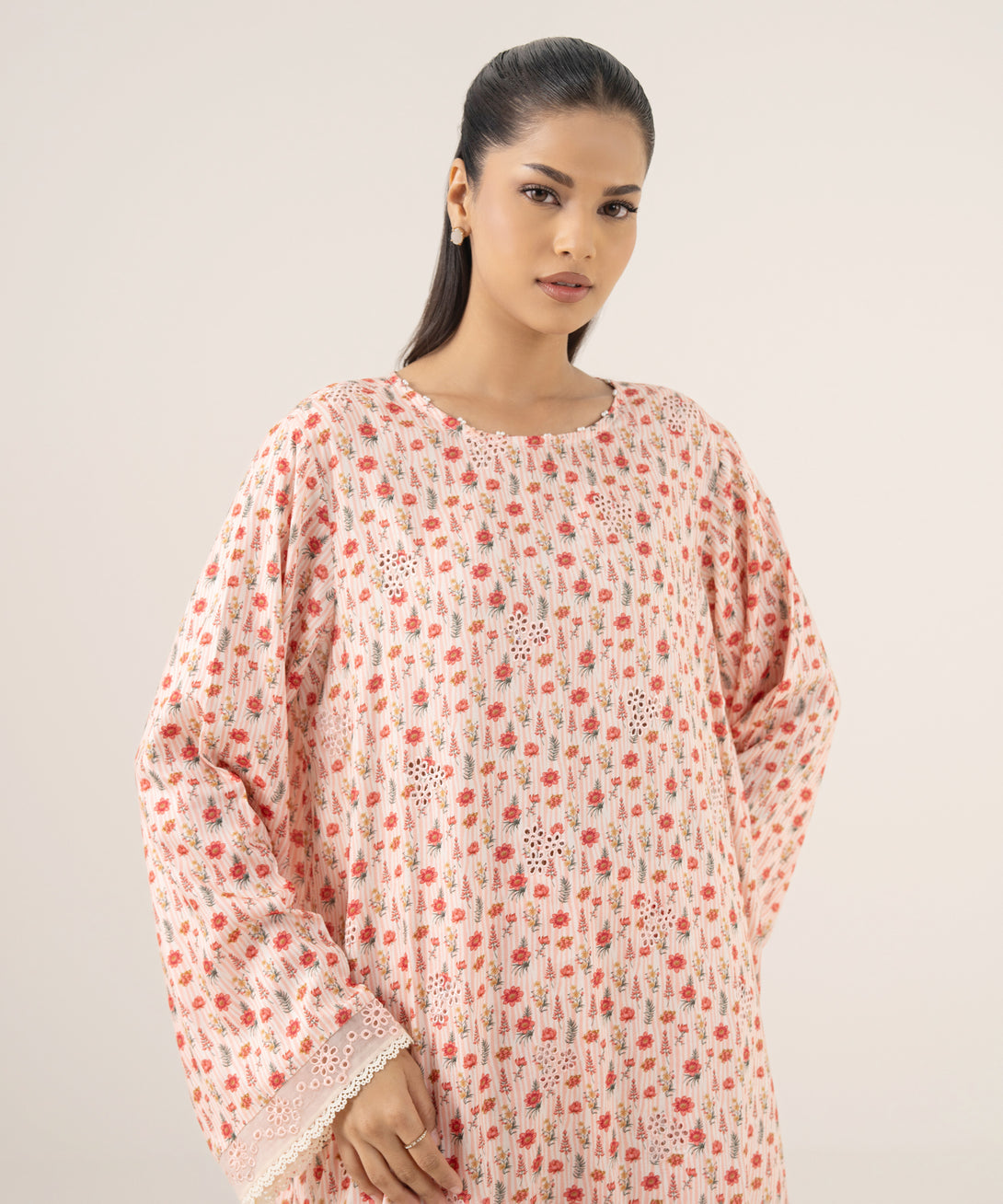 Women's RTW Arabic Lawn Pink Embroidered A-Line Shirt