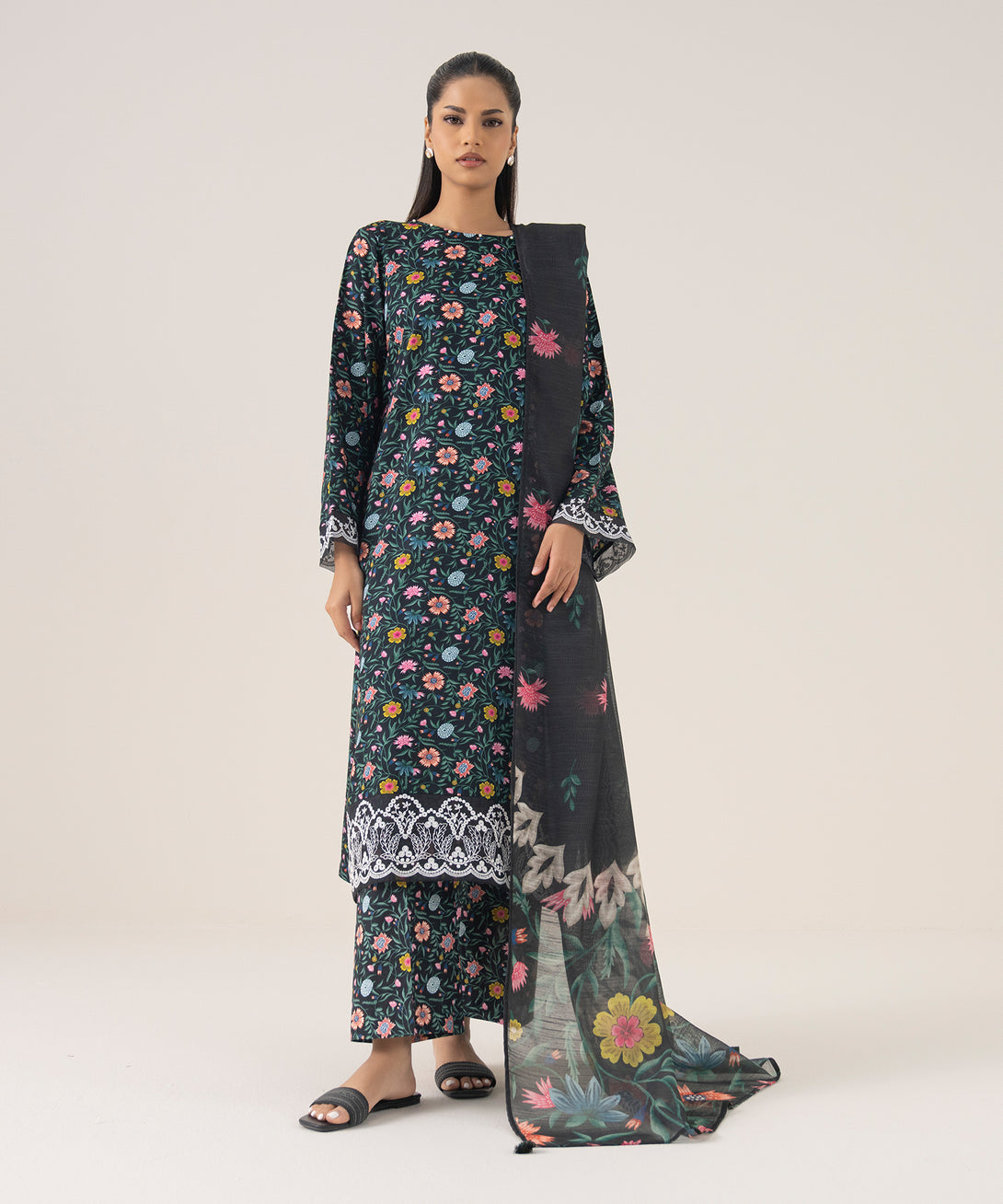 Women's RTW Arabic Lawn Multi Embroidered A-Line Shirt