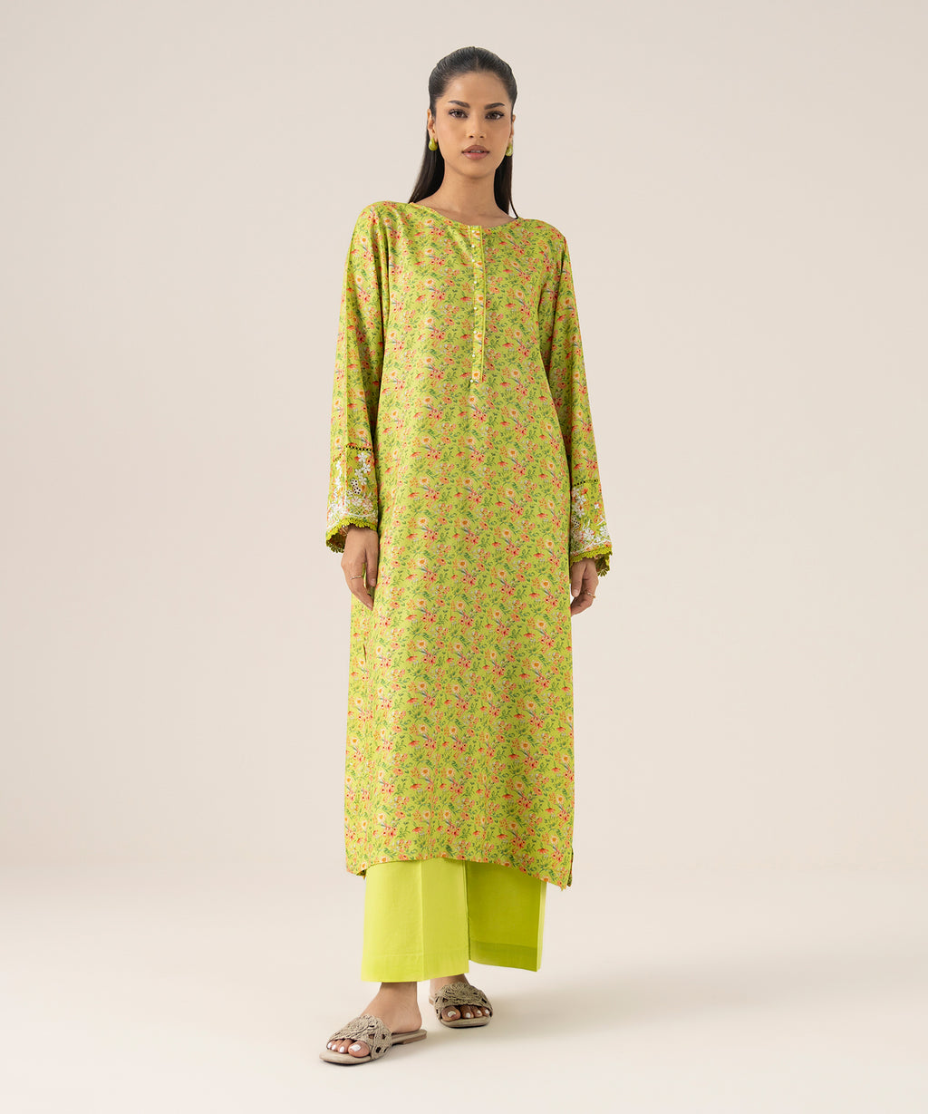 Women's RTW Arabic Lawn Green Embroidered A-Line Shirt