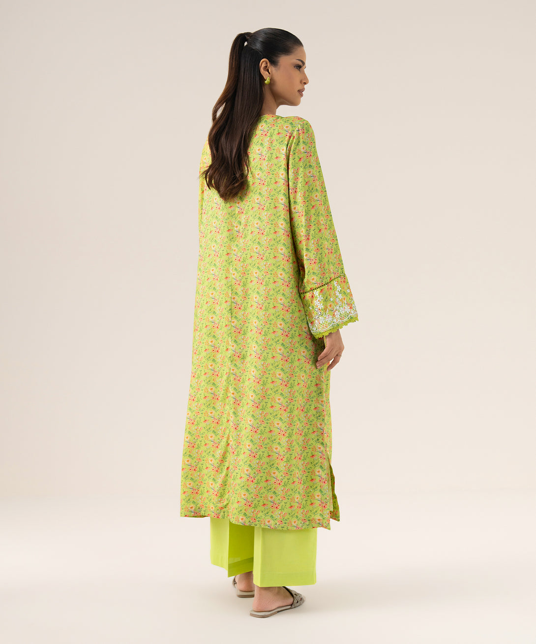 Women's RTW Arabic Lawn Green Embroidered A-Line Shirt