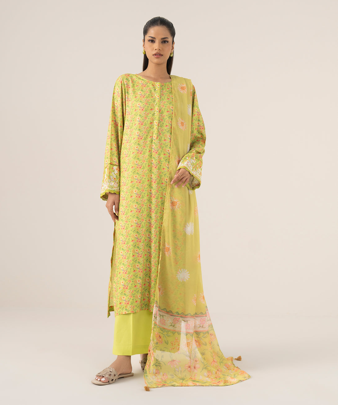 Women's RTW Arabic Lawn Green Embroidered A-Line Shirt