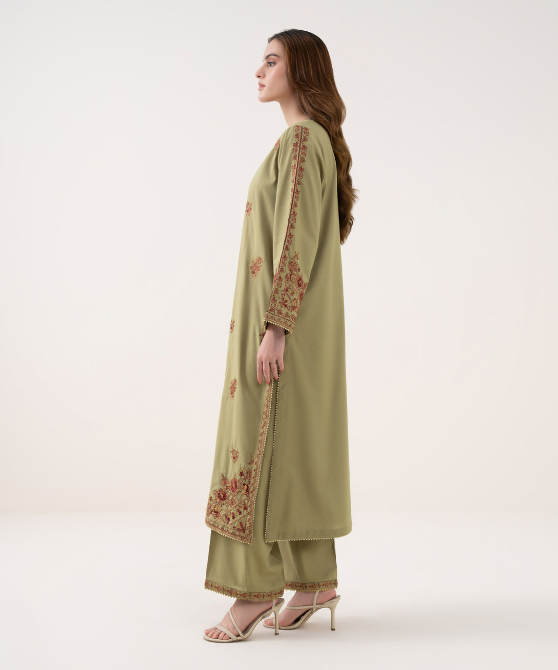 Women's RTW Cotton Viscose Embroidered Green A-Line Shirt