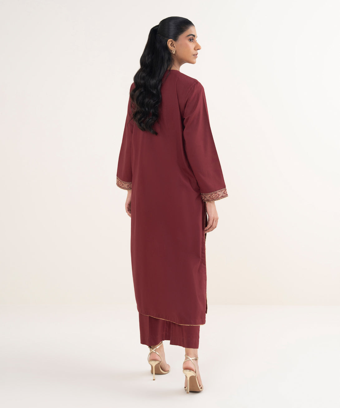 Women's RTW Cotton Viscose Embroidered Red A-Line Shirt