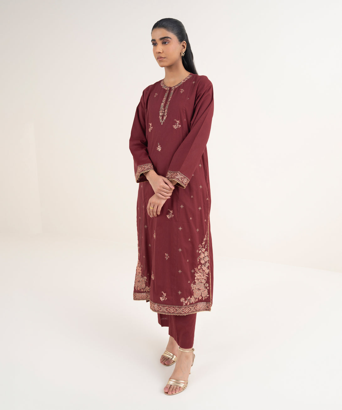 Women's RTW Cotton Viscose Embroidered Red A-Line Shirt
