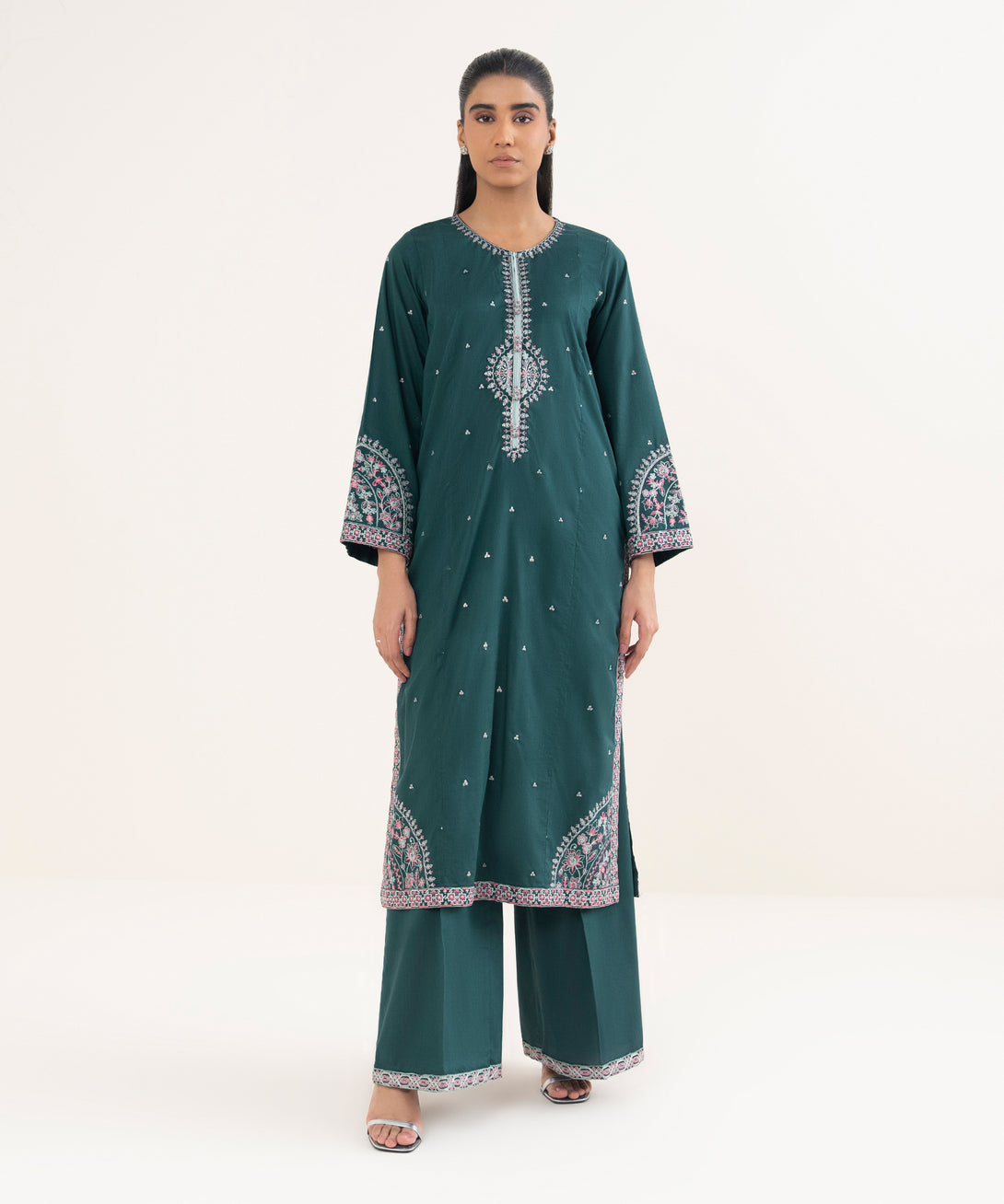 Women's RTW Cotton Viscose Embroidered Green A-Line Shirt