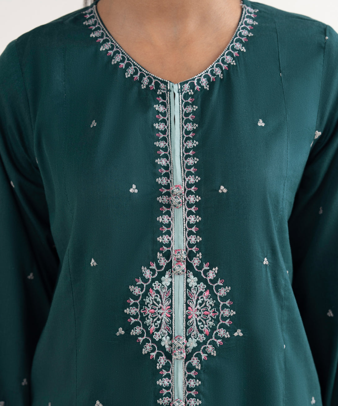 Women's RTW Cotton Viscose Embroidered Green A-Line Shirt