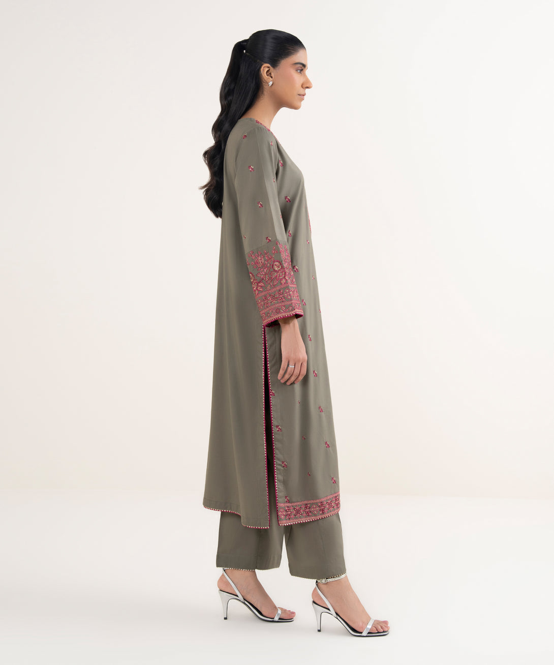 Women's RTW Cotton Viscose Embroidered Grey Straight Shirt