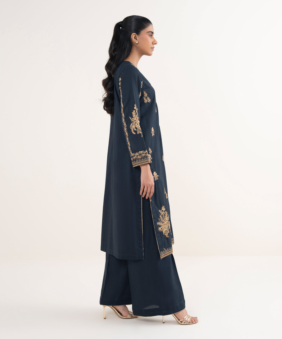 Women's RTW Cotton Viscose Embroidered Blue A-Line Shirt