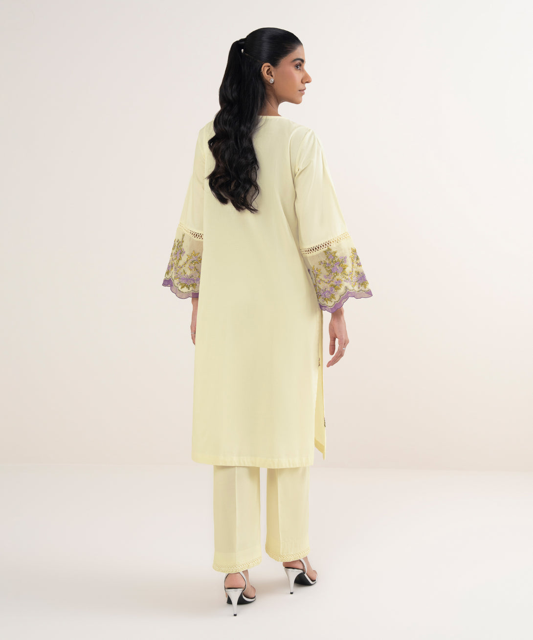 Women's RTW Cotton Viscose Embroidered Off White A-Line Shirt