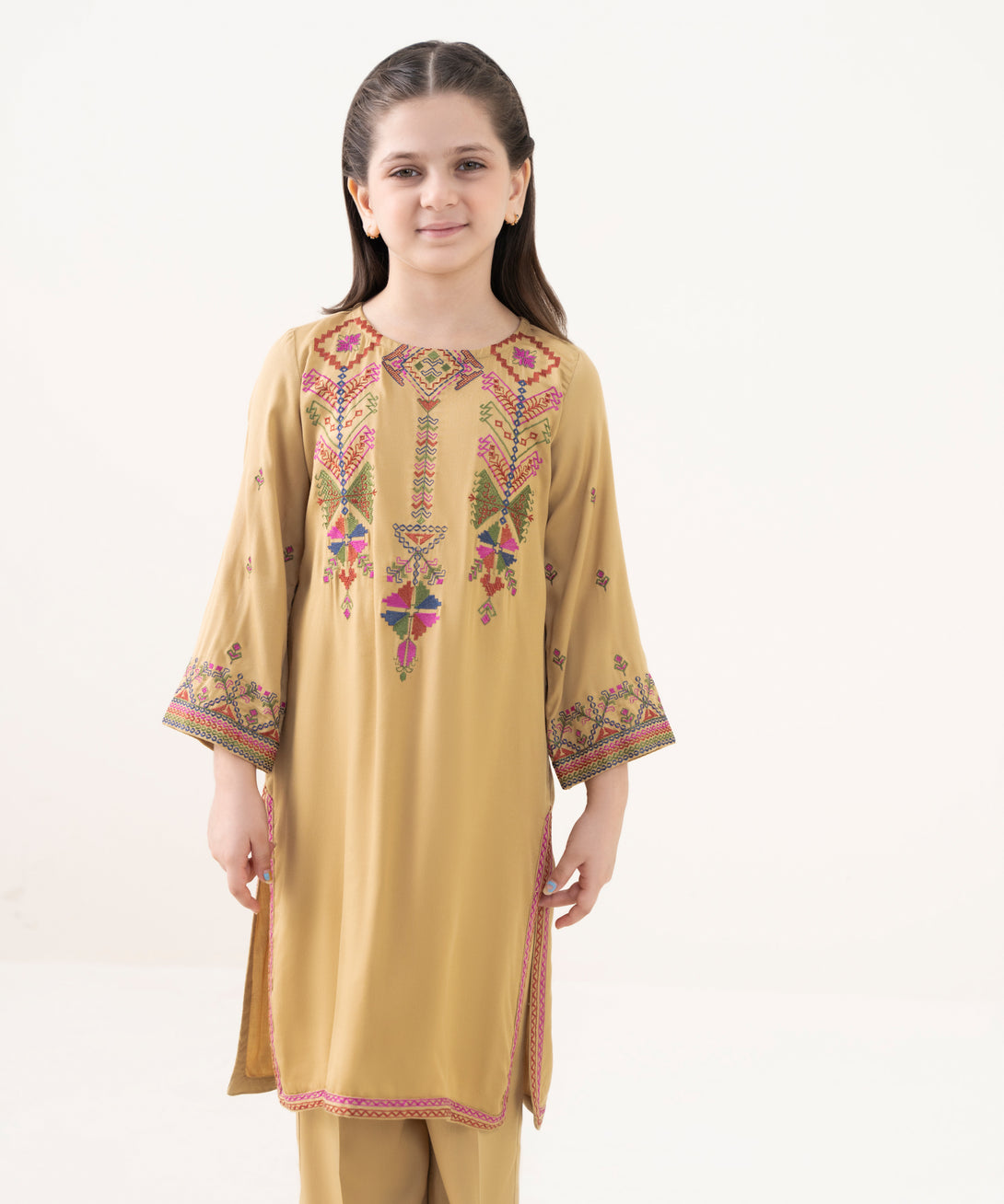 Girl's Bedford  Embroidered Beige 2 Piece Suit