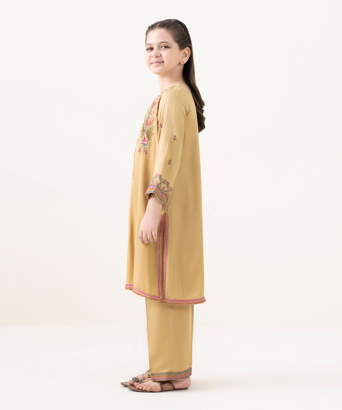 Girl's Bedford  Embroidered Beige 2 Piece Suit