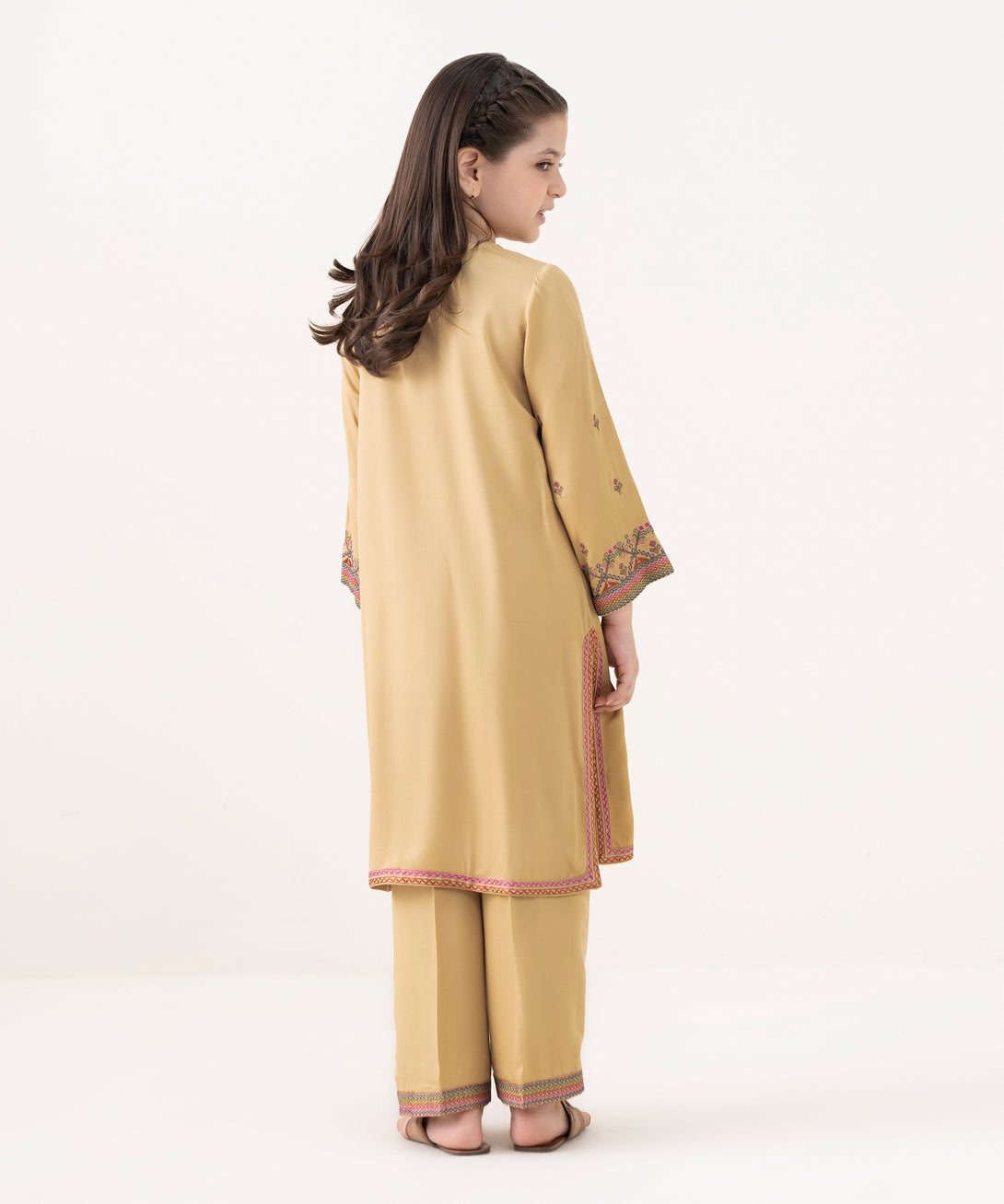 Girl's Bedford  Embroidered Beige 2 Piece Suit