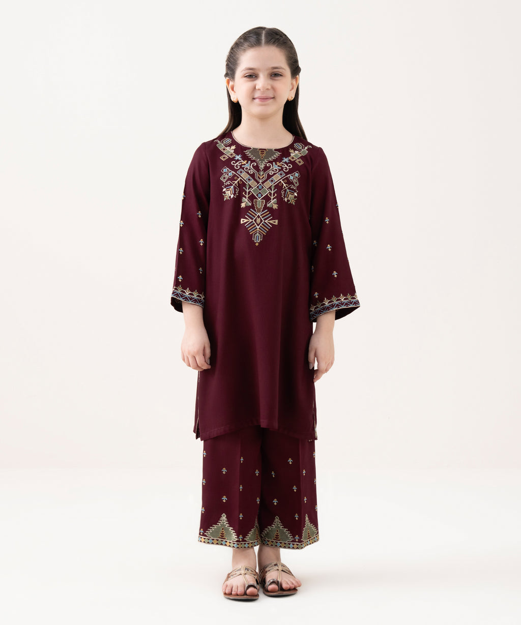 Girl's Bedford  Embroidered Maroon 2 Piece Suit