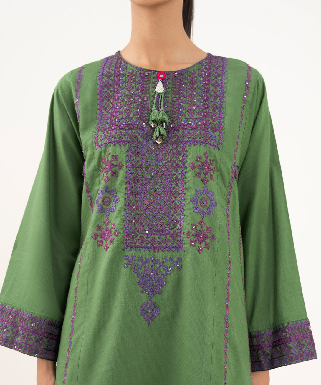 Women's RTW Textured Lawn Green Embroidered A-Line Shirt