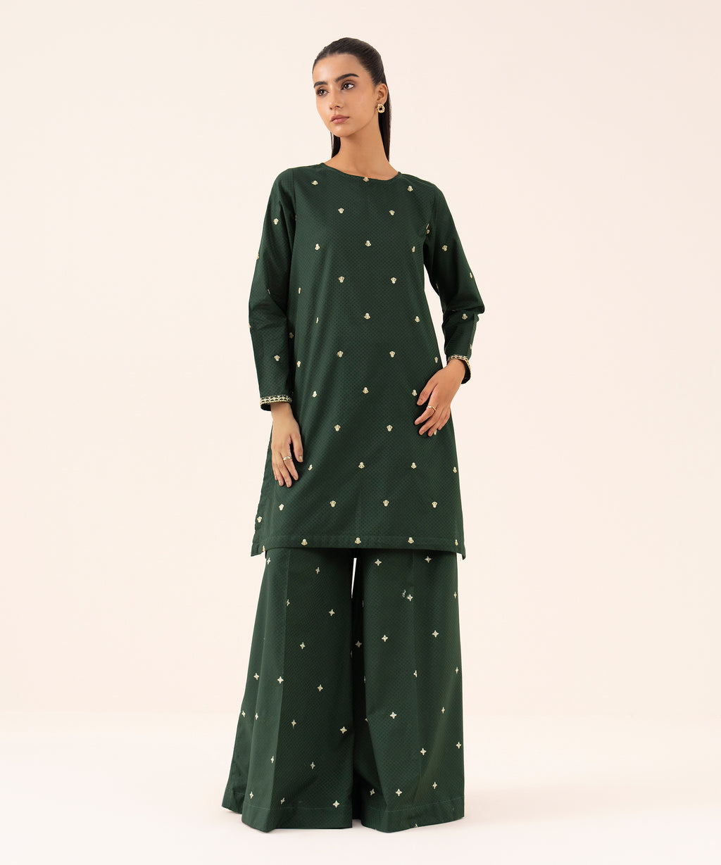 Women's RTW Textured Cotton Green Embroidered A-Line Shirt