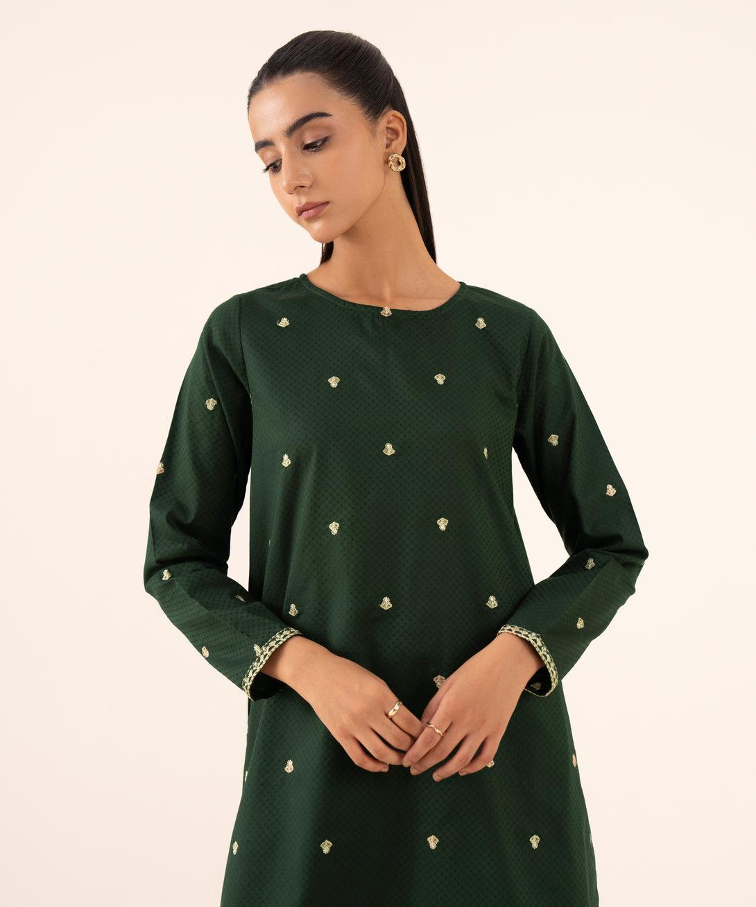 Women's RTW Textured Cotton Green Embroidered A-Line Shirt