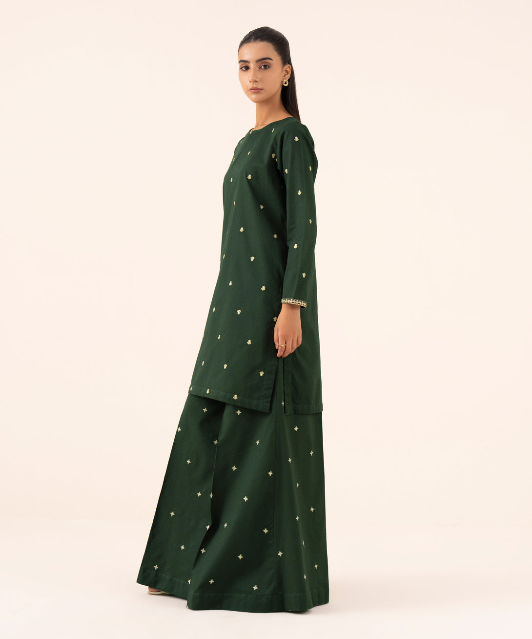 Women's RTW Textured Cotton Green Embroidered A-Line Shirt