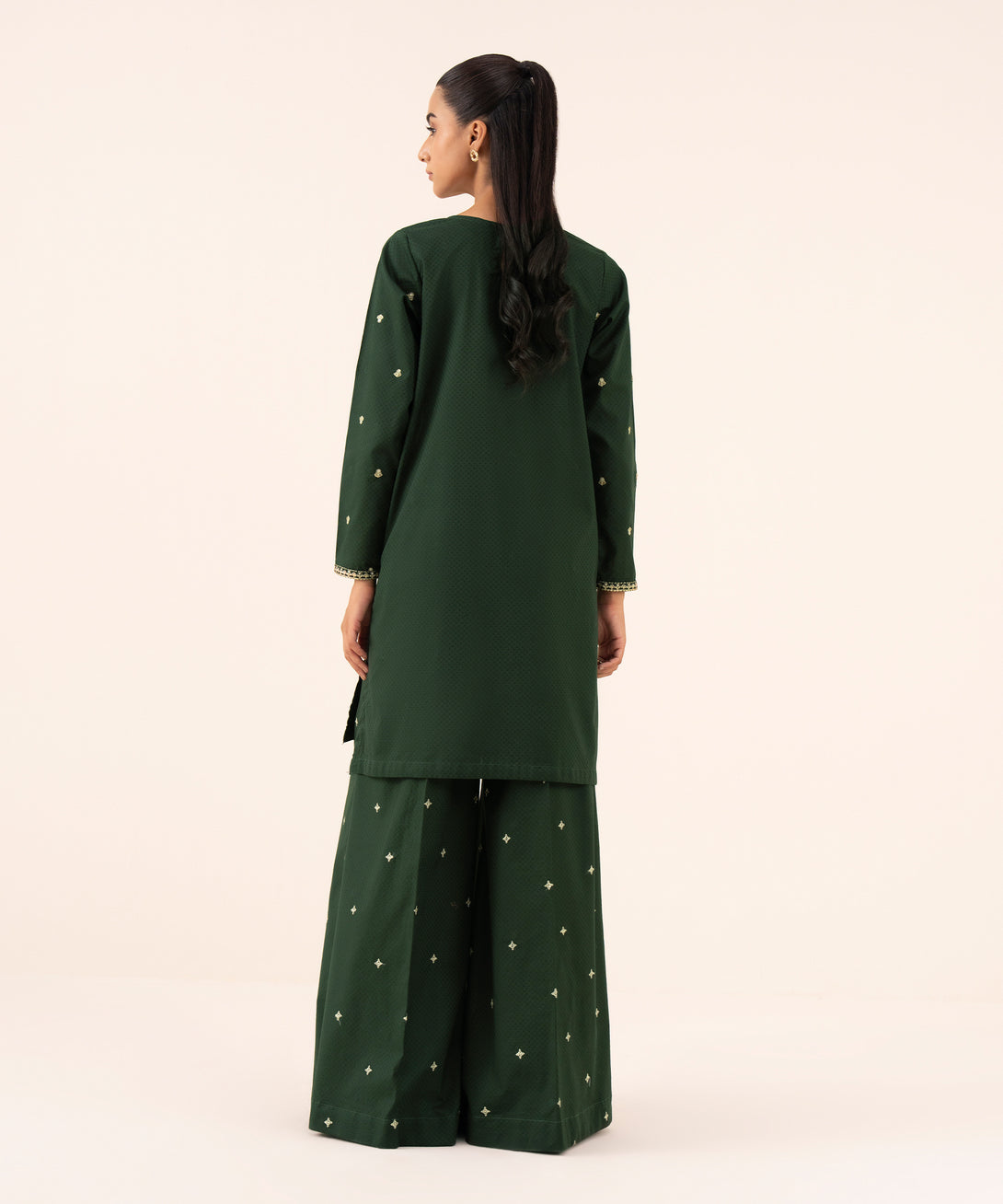 Women's RTW Textured Cotton Green Embroidered A-Line Shirt