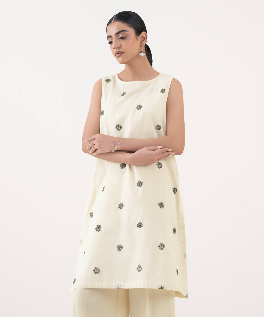 Women's RTW Textured Cotton White Embroidered A-Line Shirt