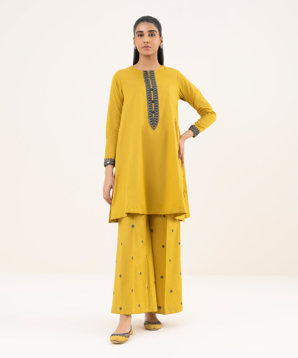 Women's RTW Textured Cotton Yellow Embroidered A-Line Shirt