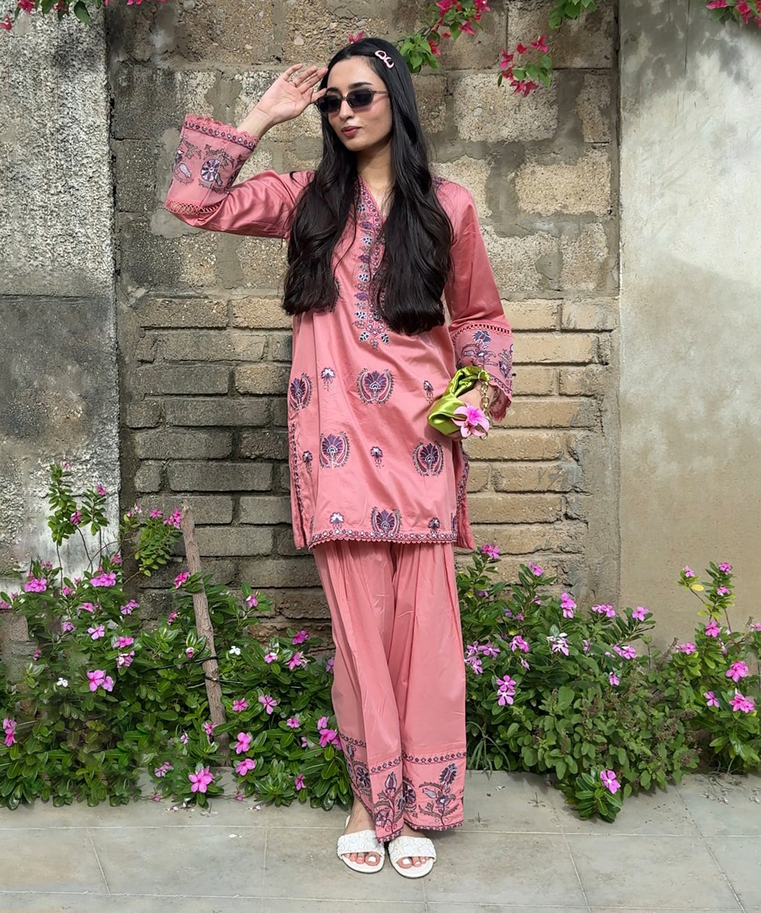 Women's RTW Cotton Satin Pink Embroidered A-Line Shirt