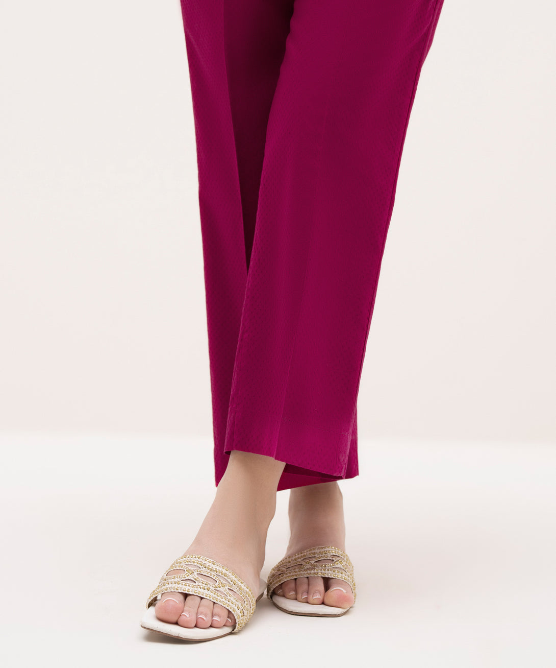 Women's RTW Textured Lawn Pink Solid Straight Pants