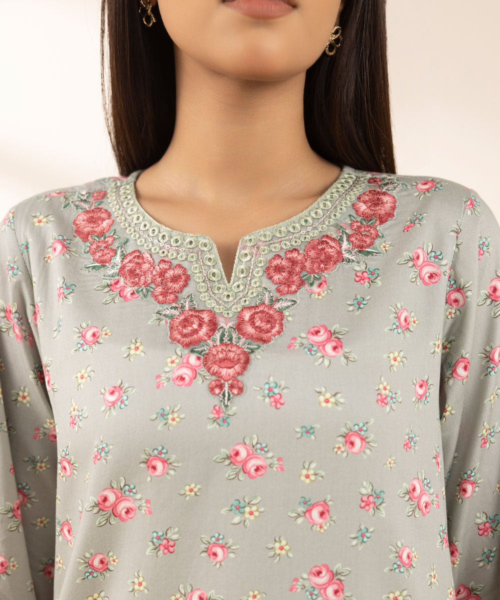 Women's Pret Cotton Satin Green Embroidered A-Line Shirt