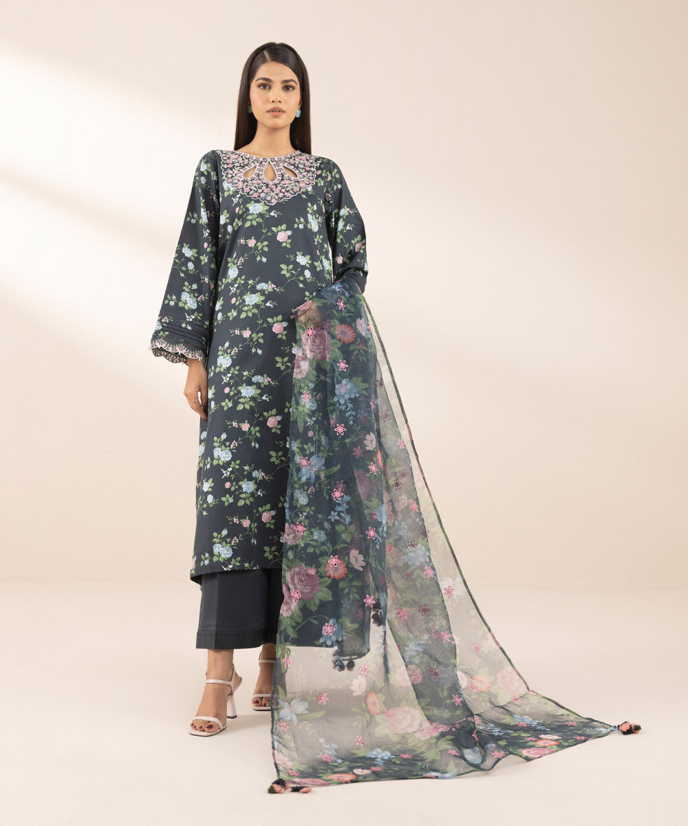 Blended Organza Green Embroidered Dupatta