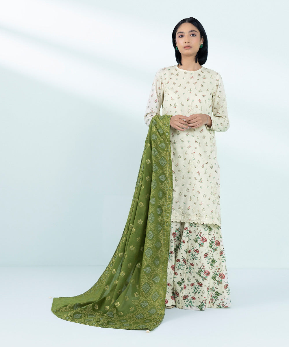 Women's Extra Weft Jacquard Grass Green Printed Dupatta