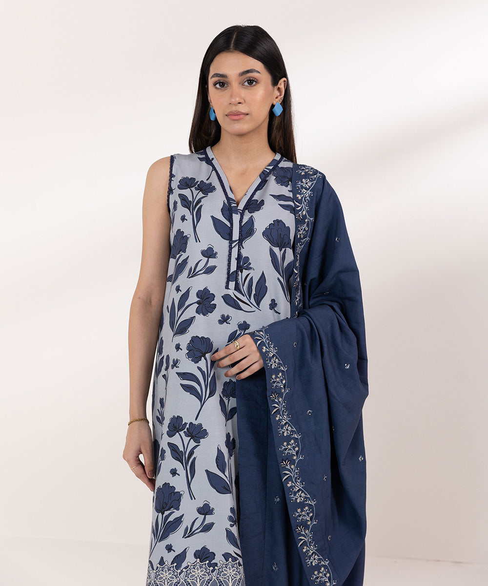 Women's Unstitched Dull Raw Silk Embroidered Blue 3 Piece Suit