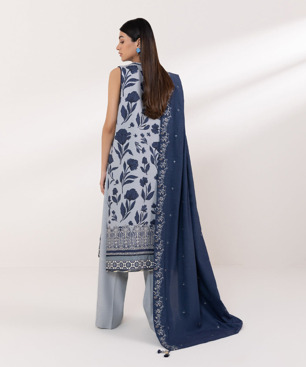 Women's Unstitched Dull Raw Silk Embroidered Blue 3 Piece Suit