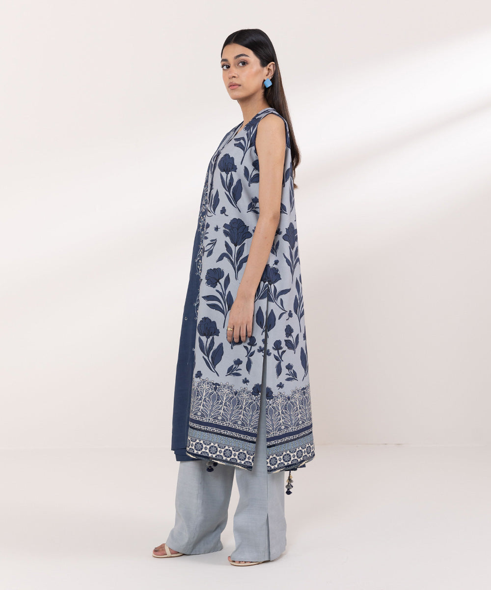 Women's Unstitched Dull Raw Silk Embroidered Blue 3 Piece Suit