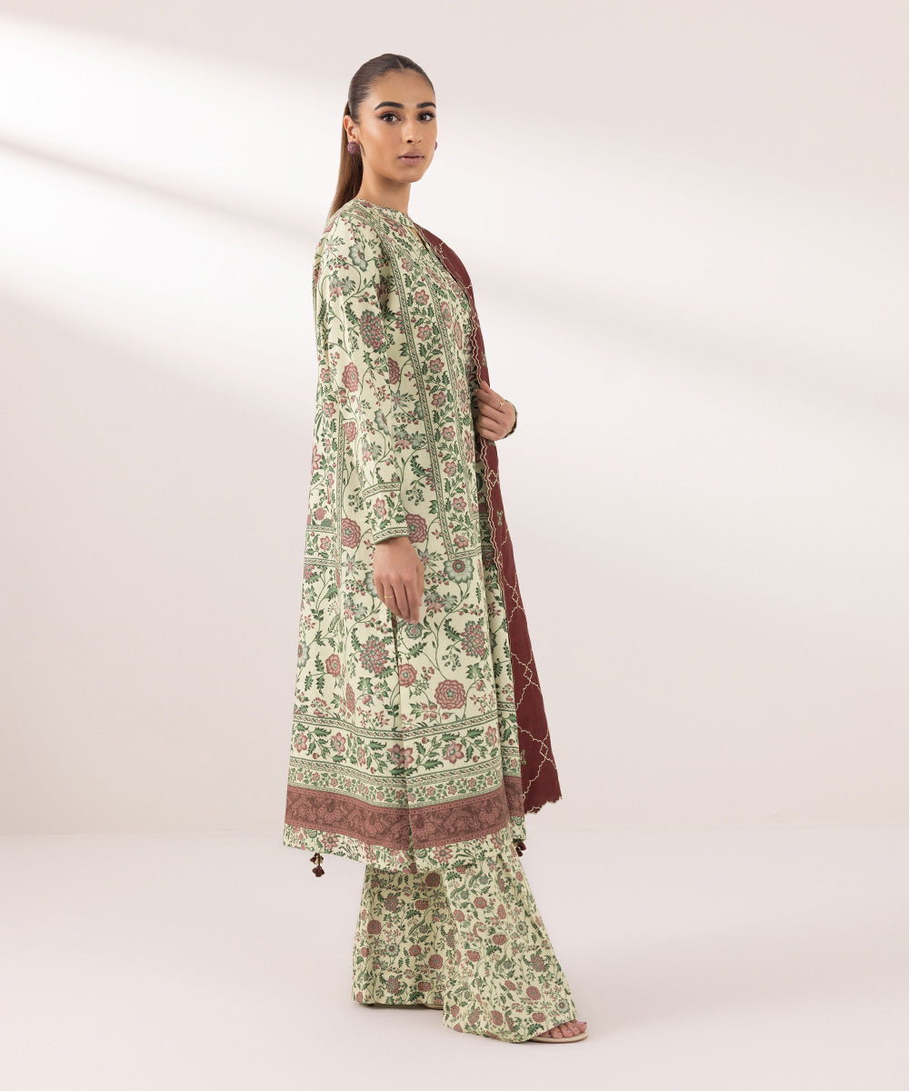 Women's Unstitched Dull Raw Silk Embroidered Multi 3 Piece Suit